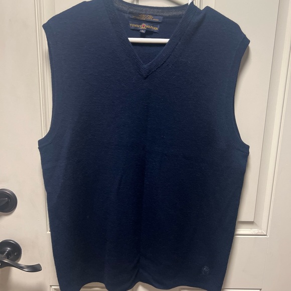 Tommy Hilfiger Mens Navy Blue  V-Neck 100% Merino Wool Jumper Vest Large - Picture 1 of 7